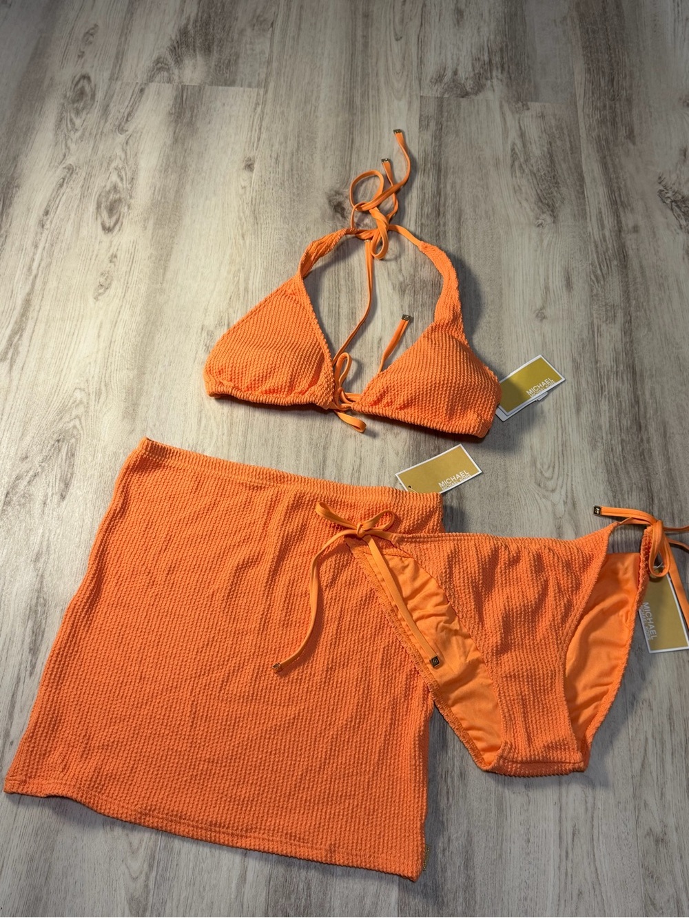 Michael Kors Vibrant Orange Textured 3-Piece Bikini Set with Cover-Up